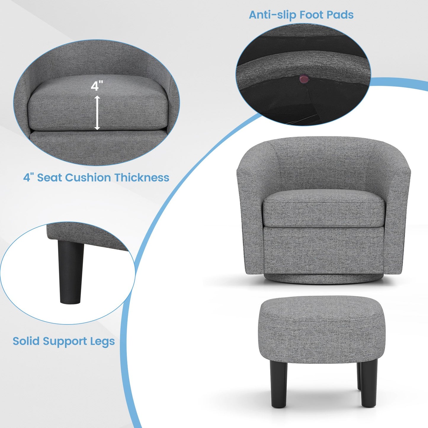 360 Degree Swivel Club Chair with Matching Ottoman and Ergonomic Backrest - Grey