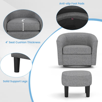360 Degree Swivel Club Chair with Matching Ottoman and Ergonomic Backrest - Grey
