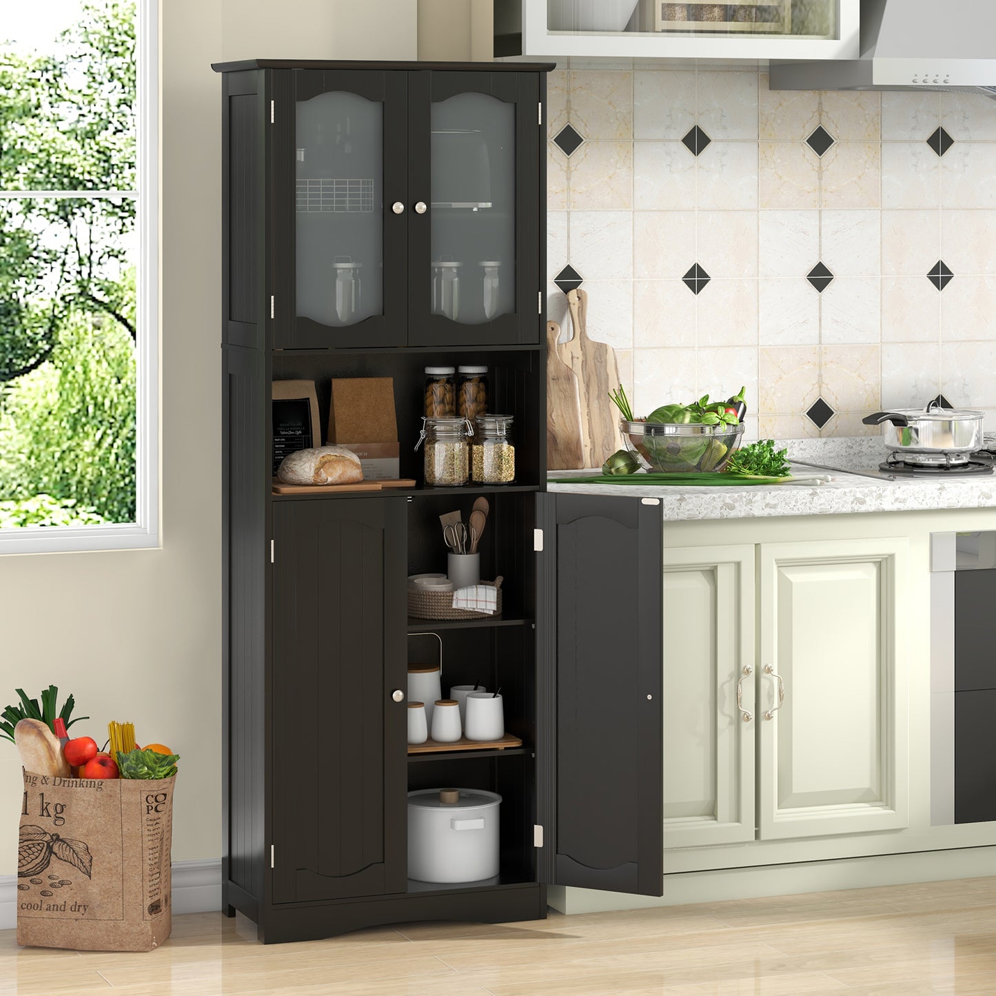 64.5 Inches Tall Black Storage Cabinet with Frosted Glass Doors & Adjustable Shelves