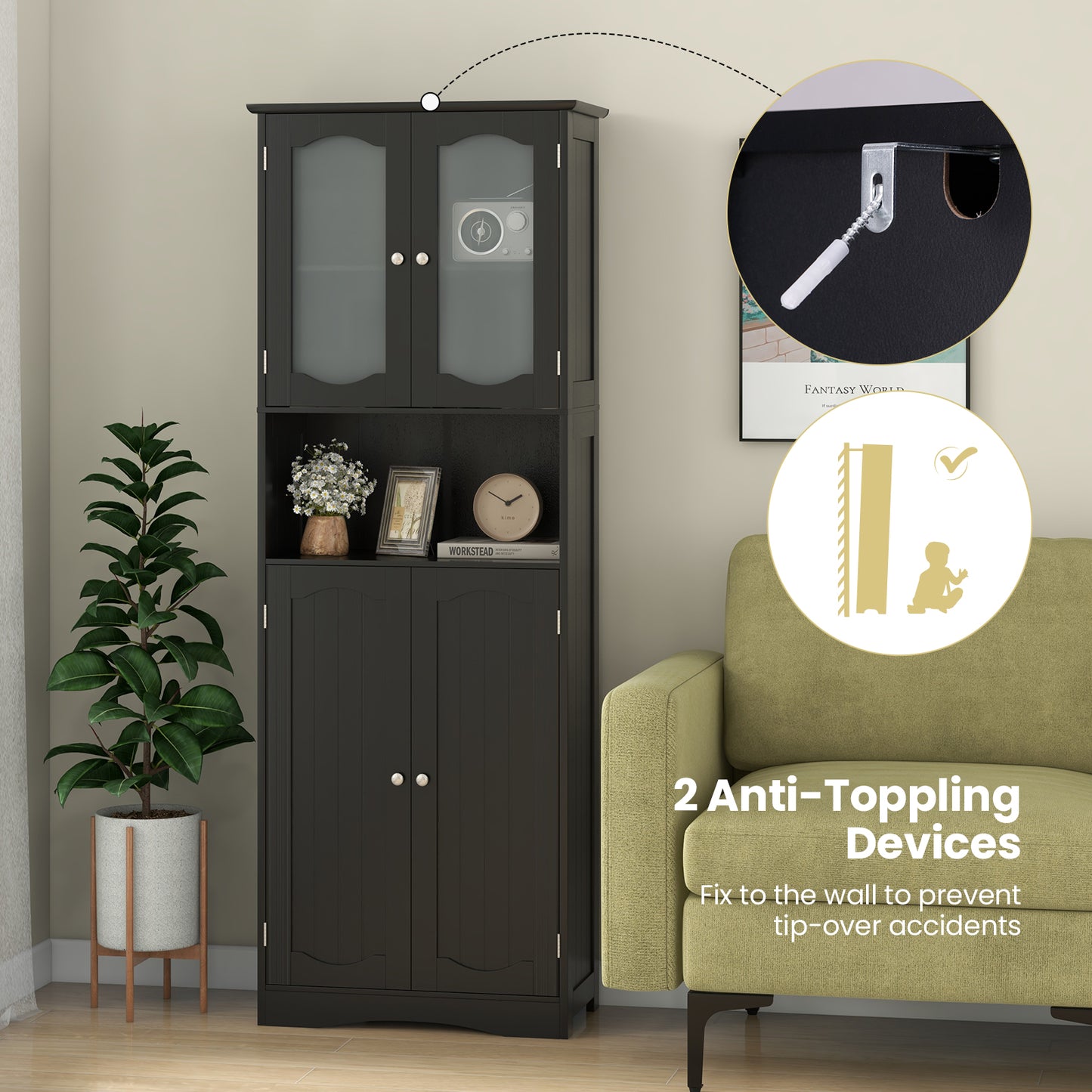 64.5 Inches Tall Black Storage Cabinet with Frosted Glass Doors & Adjustable Shelves