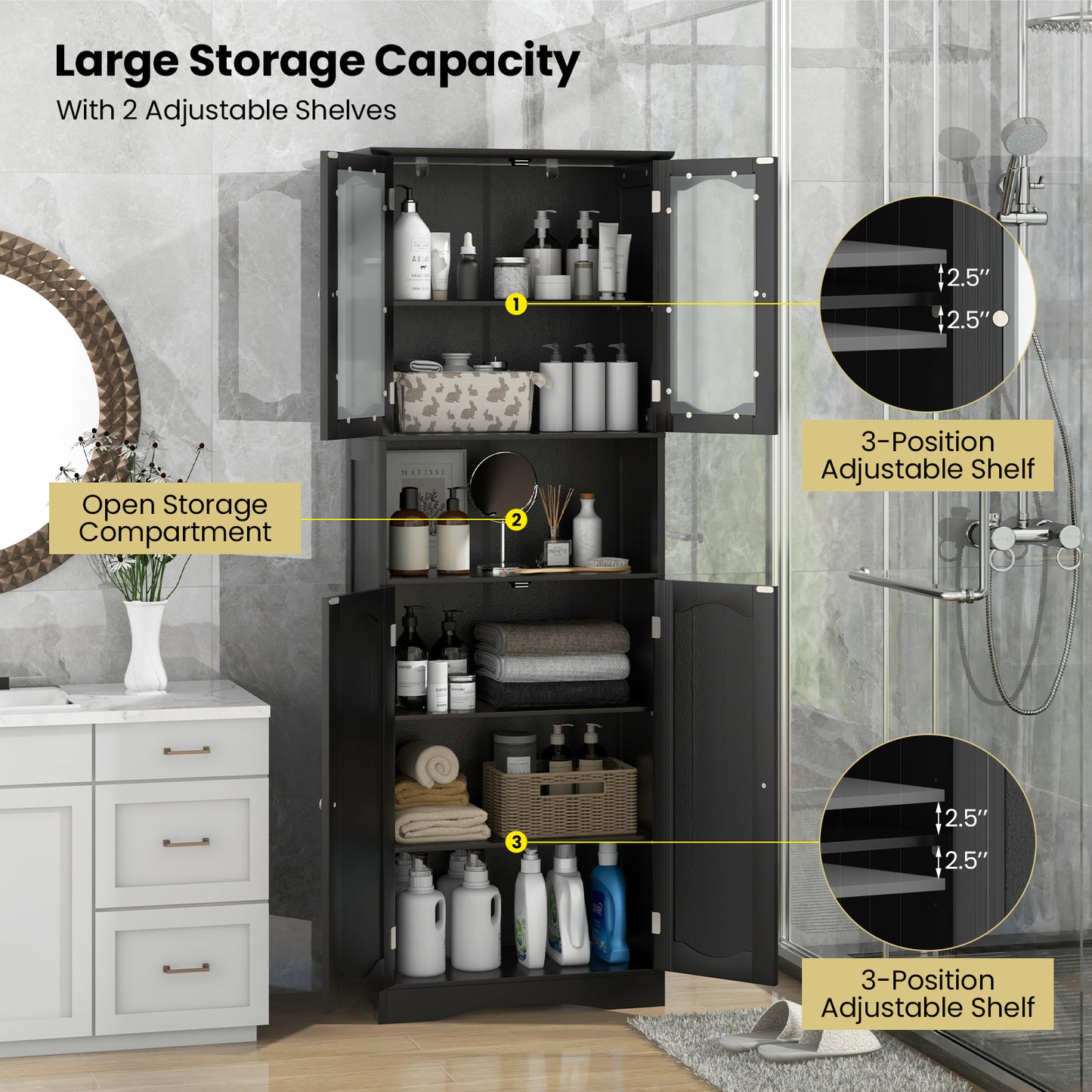 64.5 Inches Tall Black Storage Cabinet with Frosted Glass Doors & Adjustable Shelves