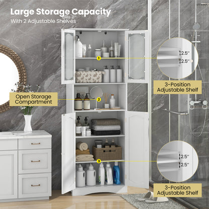 64.5 Inches Tall White Storage Cabinet with Frosted Glass Doors & Adjustable Shelves