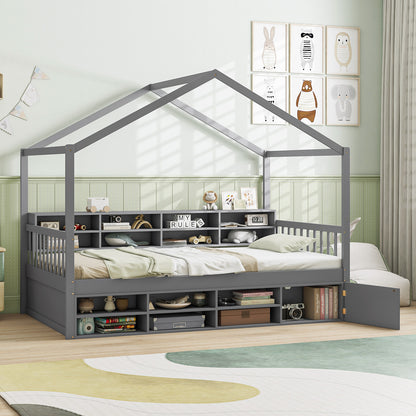 House-Shaped Twin Bed with Roof and 14 Storage Cubes - Grey