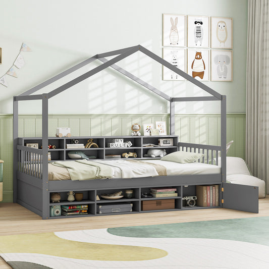 House-Shaped Twin Bed with Roof and 14 Storage Cubes - Grey