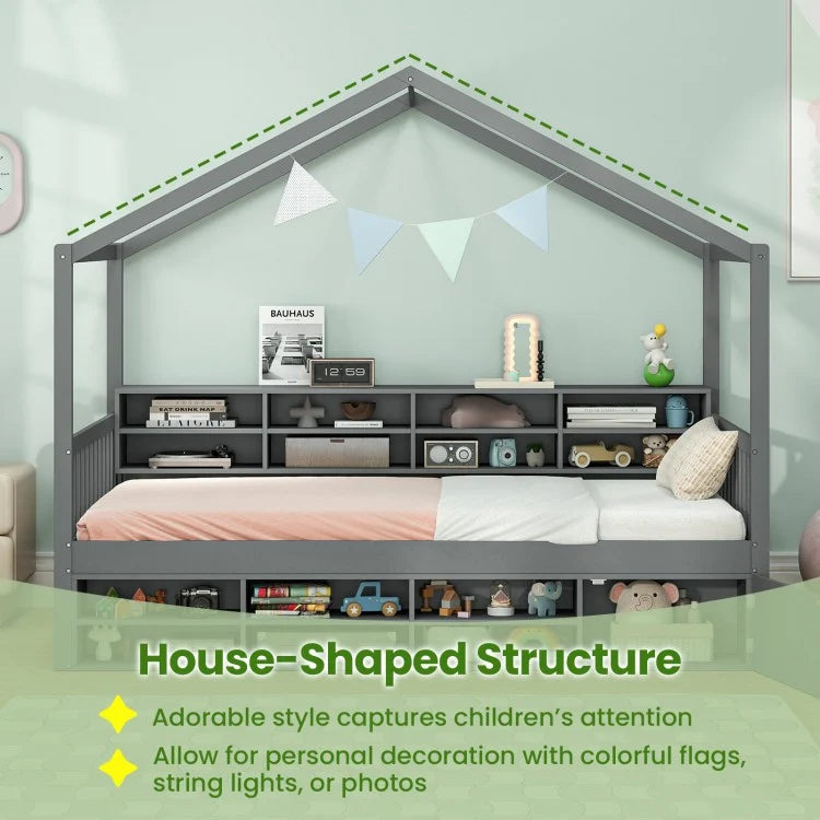 House-Shaped Twin Bed with Roof and 14 Storage Cubes - Grey