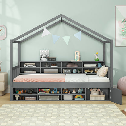 House-Shaped Twin Bed with Roof and 14 Storage Cubes - Grey