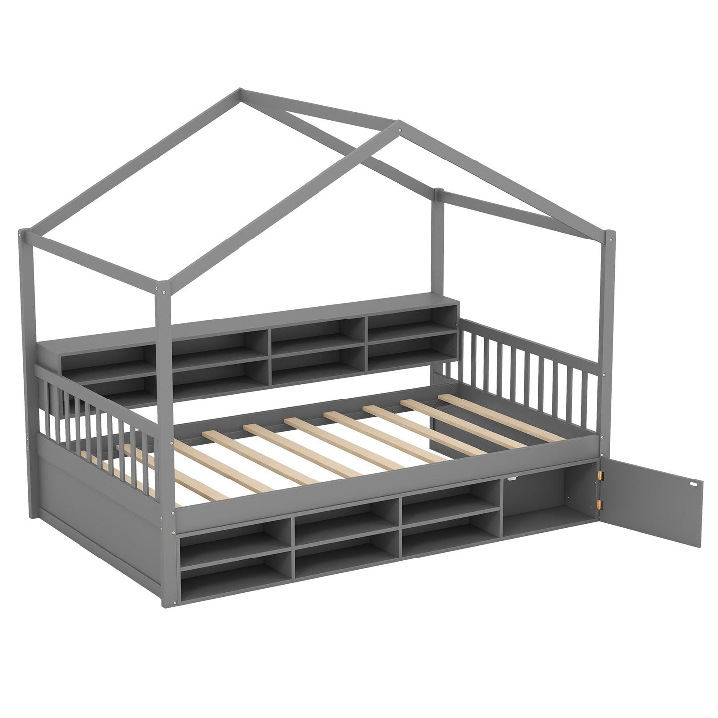 House-Shaped Twin Bed with Roof and 14 Storage Cubes - Grey