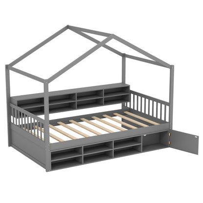 House-Shaped Twin Bed with Roof and 14 Storage Cubes - Grey