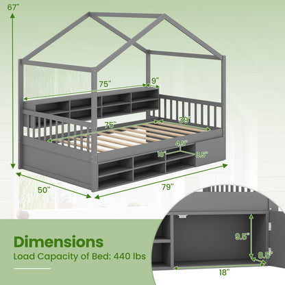 House-Shaped Twin Bed with Roof and 14 Storage Cubes - Grey