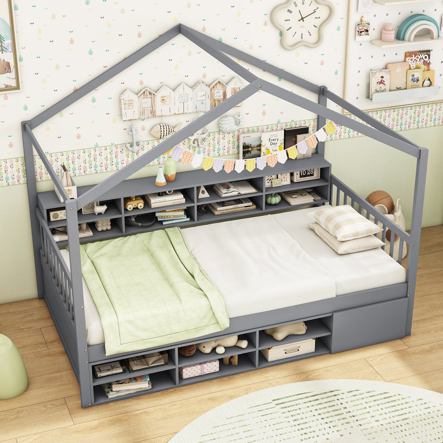 House-Shaped Twin Bed with Roof and 14 Storage Cubes - Grey