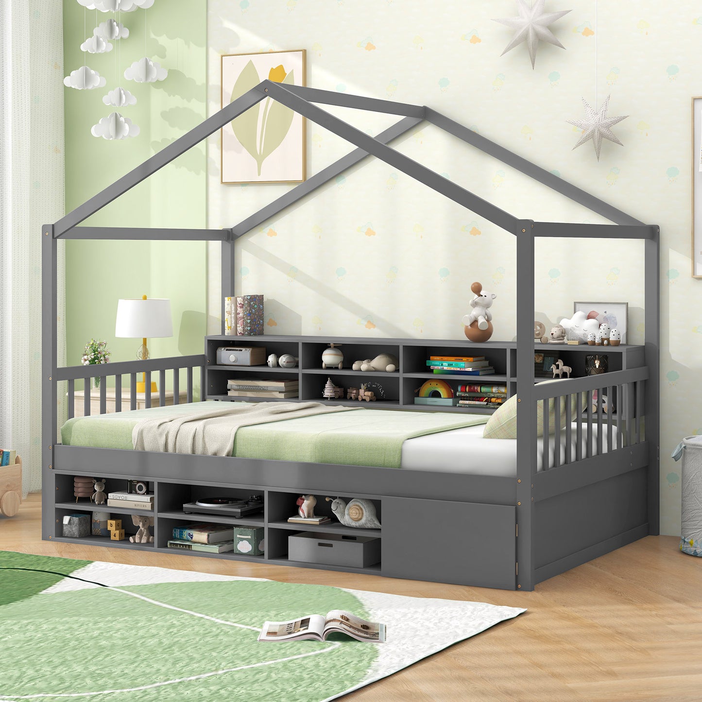 House-Shaped Twin Bed with Roof and 14 Storage Cubes - Grey