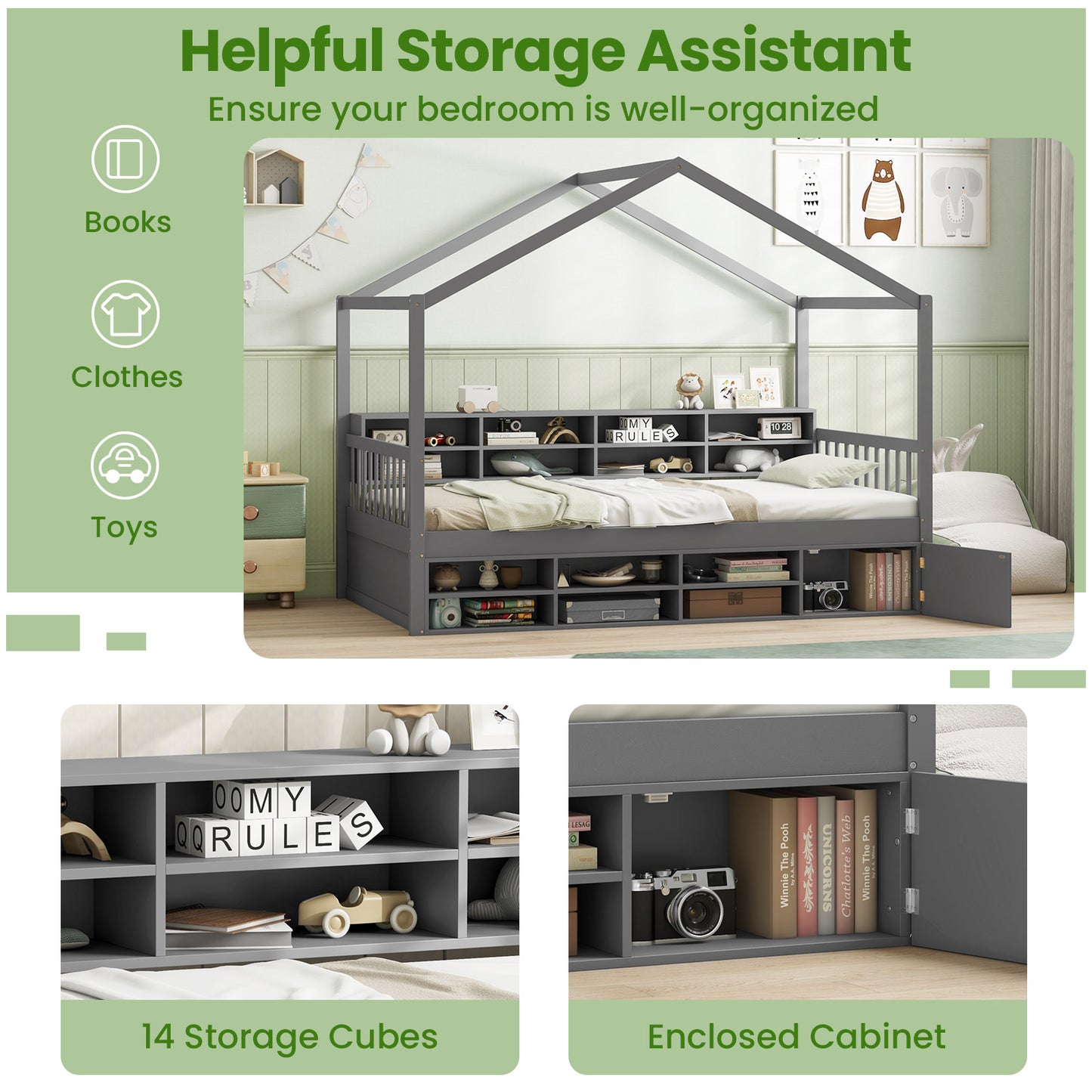 House-Shaped Twin Bed with Roof and 14 Storage Cubes - Grey