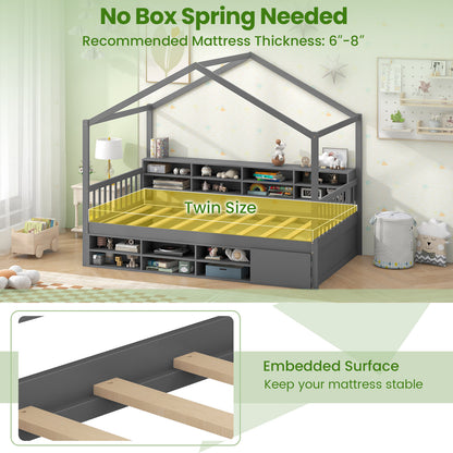 House-Shaped Twin Bed with Roof and 14 Storage Cubes - Grey