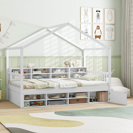 House-Shaped Twin Bed with Roof and 14 Storage Cubes - White