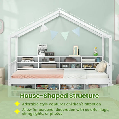 House-Shaped Twin Bed with Roof and 14 Storage Cubes - White