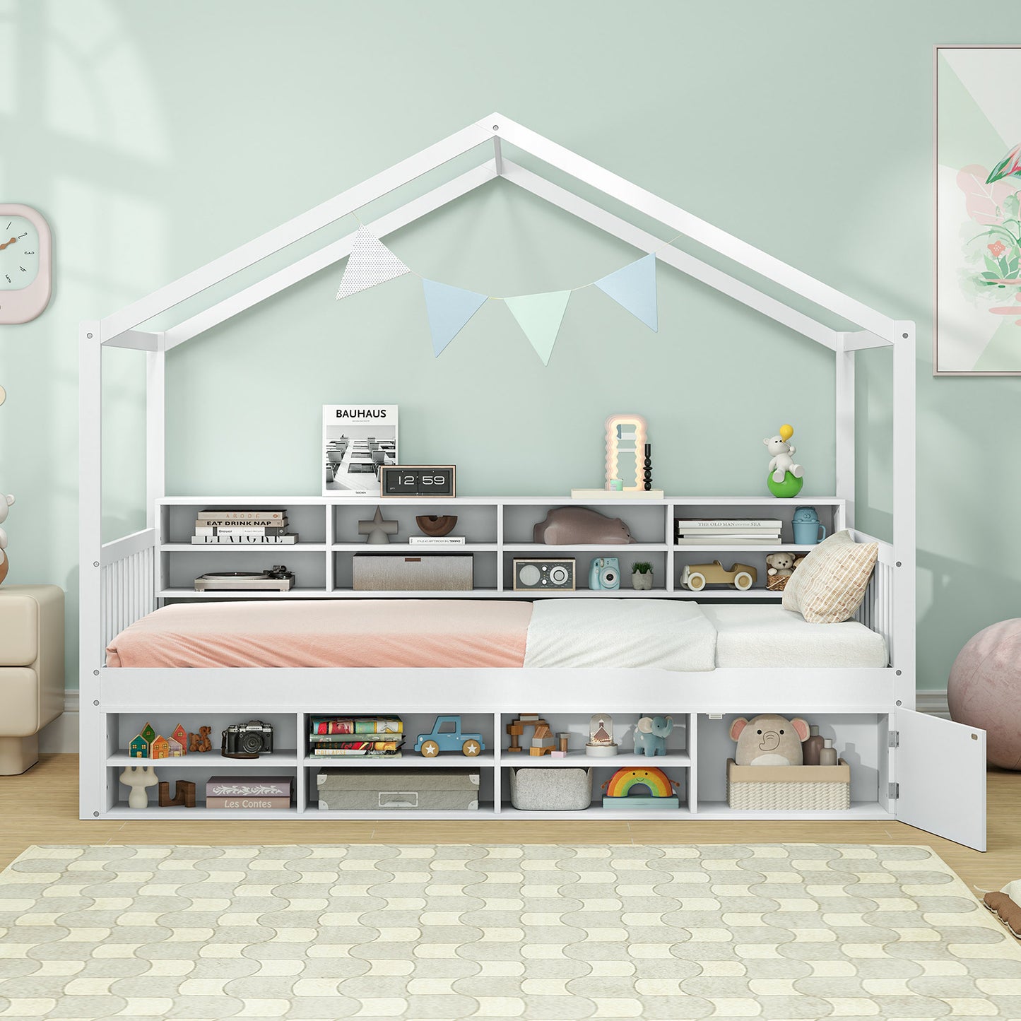 House-Shaped Twin Bed with Roof and 14 Storage Cubes - White