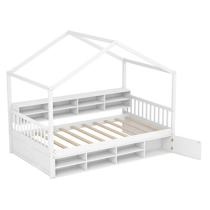 House-Shaped Twin Bed with Roof and 14 Storage Cubes - White