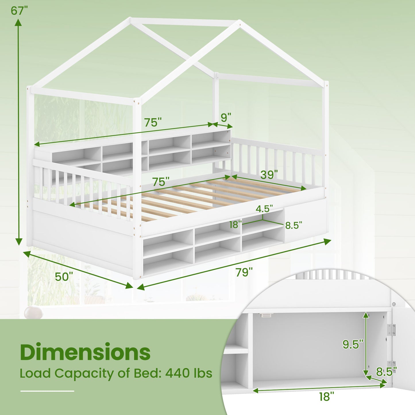 House-Shaped Twin Bed with Roof and 14 Storage Cubes - White