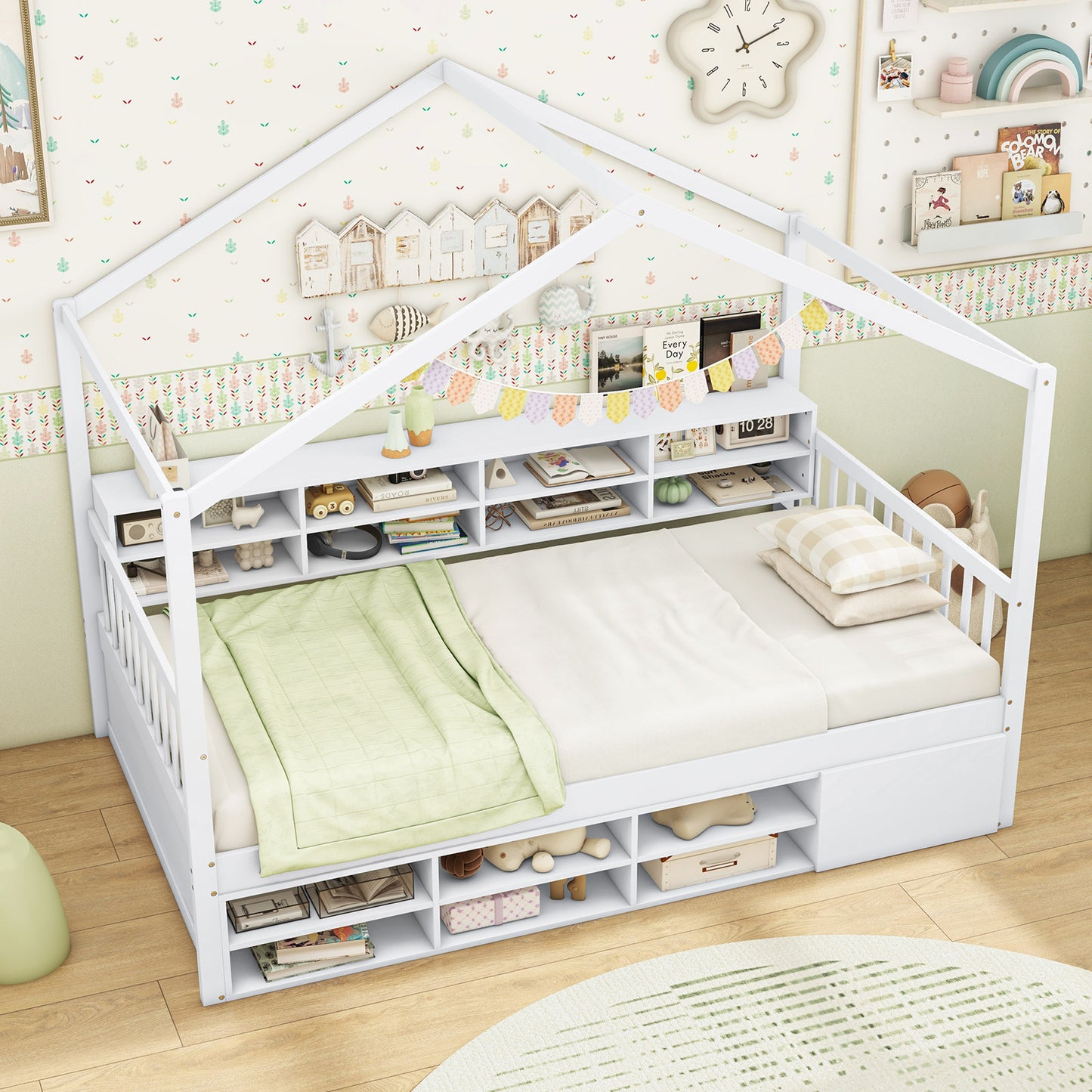 House-Shaped Twin Bed with Roof and 14 Storage Cubes - White