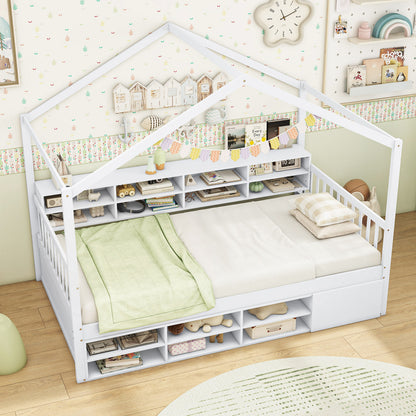 House-Shaped Twin Bed with Roof and 14 Storage Cubes - White