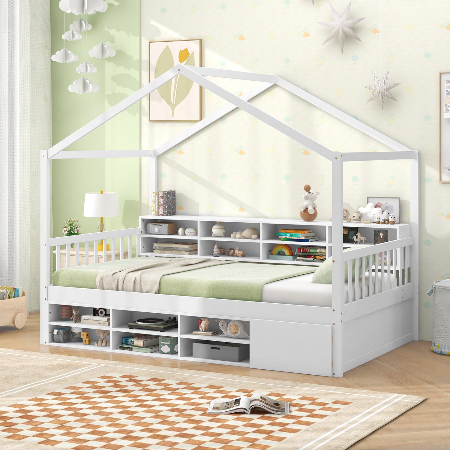 House-Shaped Twin Bed with Roof and 14 Storage Cubes - White