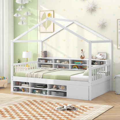 House-Shaped Twin Bed with Roof and 14 Storage Cubes - White