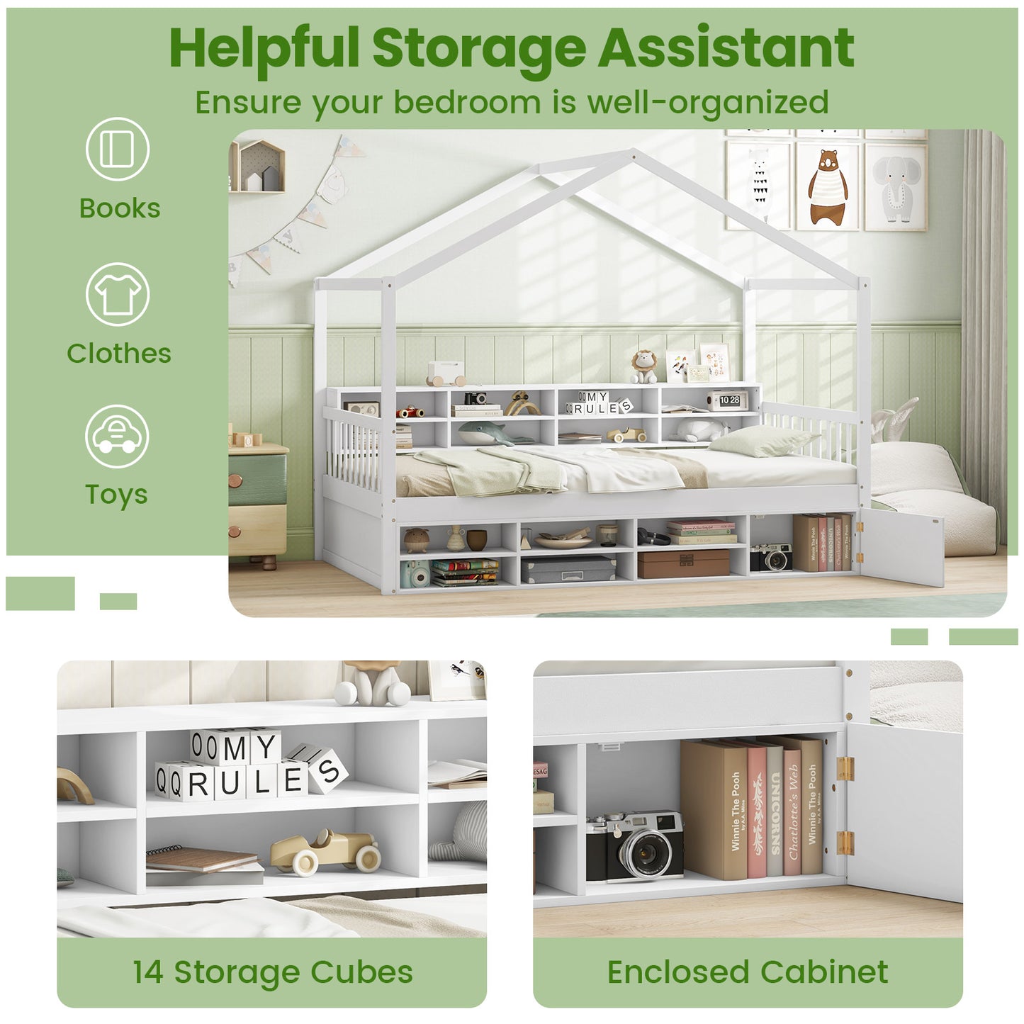 House-Shaped Twin Bed with Roof and 14 Storage Cubes - White