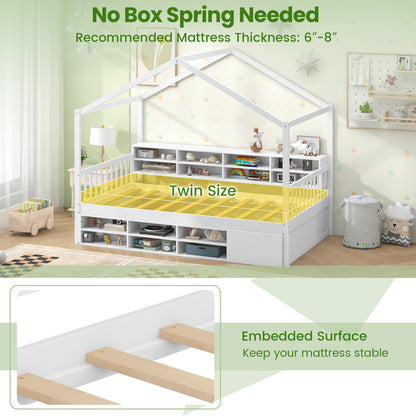 House-Shaped Twin Bed with Roof and 14 Storage Cubes - White