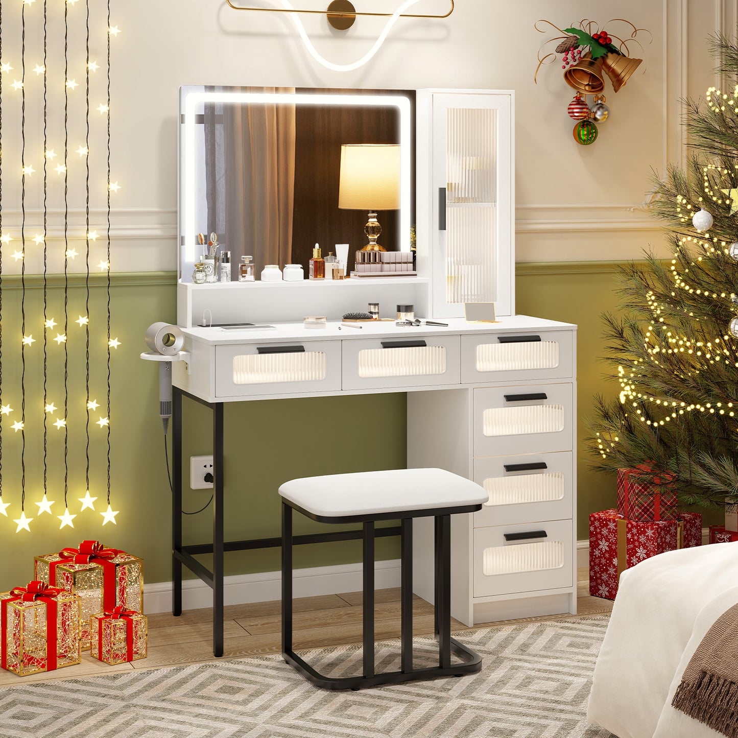 Makeup Vanity Table Set with LED Mirror, Charging Station and Cushioned Stool