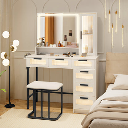 Makeup Vanity Table Set with LED Mirror, Charging Station and Cushioned Stool