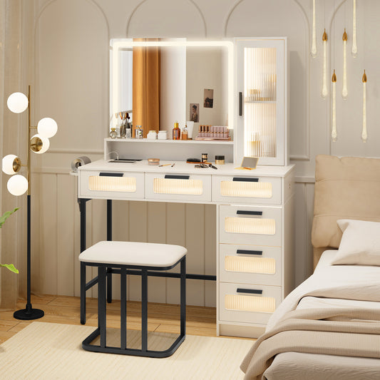 Makeup Vanity Table Set with LED Mirror, Charging Station and Cushioned Stool
