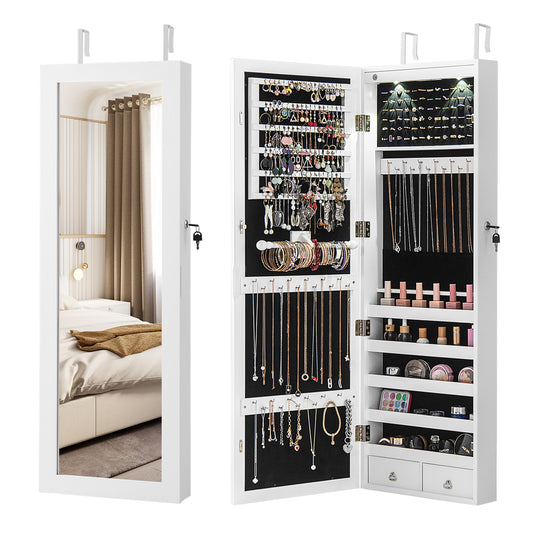 Lockable Wall-Mounted Jewelry Cabinet with Full-Length Mirror, LED Lights & Adjustable Storage – White