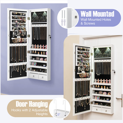 Lockable Wall-Mounted Jewelry Cabinet with Full-Length Mirror, LED Lights & Adjustable Storage – White