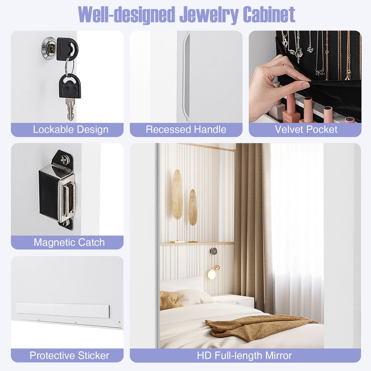 Lockable Wall-Mounted Jewelry Cabinet with Full-Length Mirror, LED Lights & Adjustable Storage – White