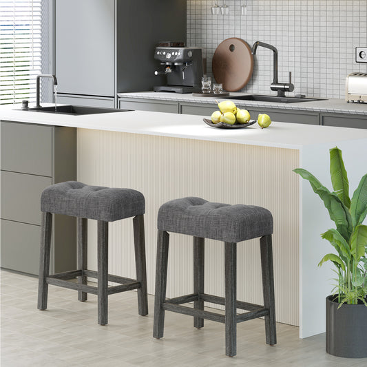 Set of 2 24 Inch Saddle Bar Stools with Padded Seat and Linen Upholstery - Grey
