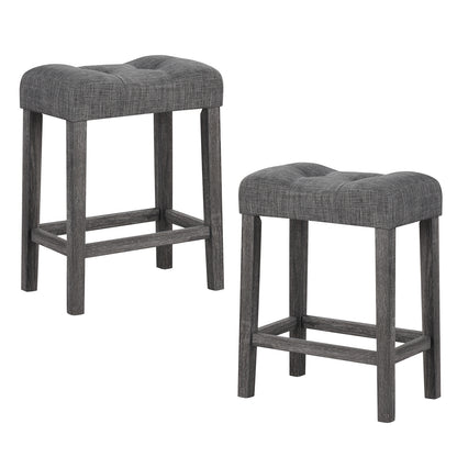 Set of 2 24 Inch Saddle Bar Stools with Padded Seat and Linen Upholstery - Grey