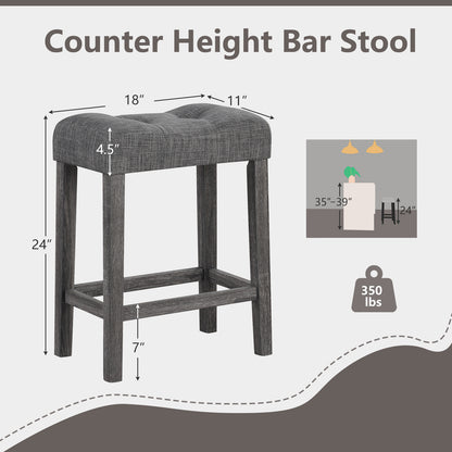 Set of 2 24 Inch Saddle Bar Stools with Padded Seat and Linen Upholstery - Grey