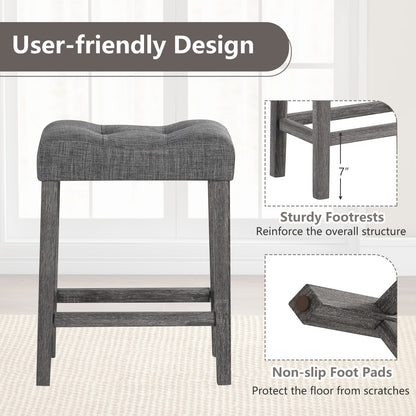 Set of 2 24 Inch Saddle Bar Stools with Padded Seat and Linen Upholstery - Grey