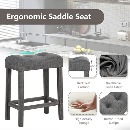 Set of 2 24 Inch Saddle Bar Stools with Padded Seat and Linen Upholstery - Grey