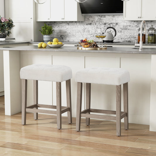 Set of 2 24 Inch Saddle Bar Stools with Padded Seat and Sherpa Upholstery - Beige