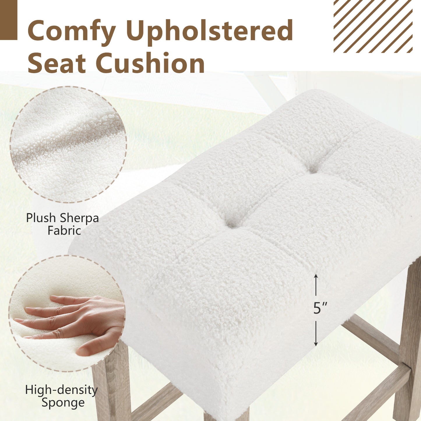 Set of 2 24 Inch Saddle Bar Stools with Padded Seat and Sherpa Upholstery - Beige