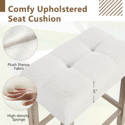 Set of 2 24 Inch Saddle Bar Stools with Padded Seat and Sherpa Upholstery - Beige
