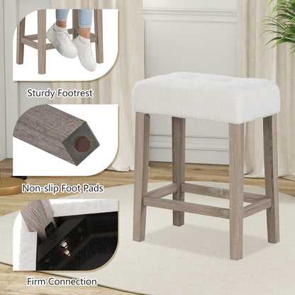 Set of 2 24 Inch Saddle Bar Stools with Padded Seat and Sherpa Upholstery - Beige