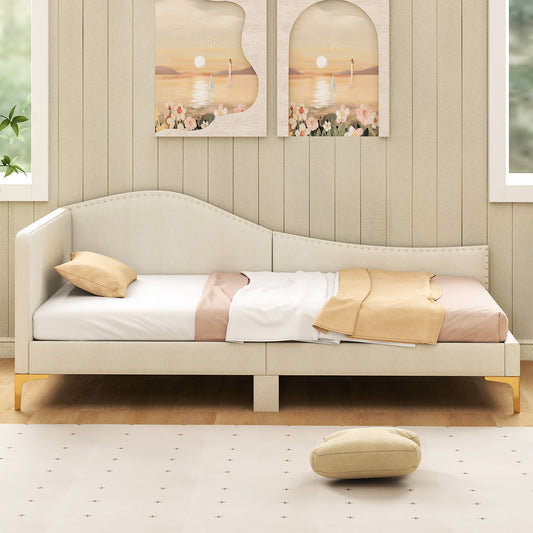 Modern Upholstered Daybed with Rivet Trim, Wood Slat Support and Sturdy Metal Legs – Twin