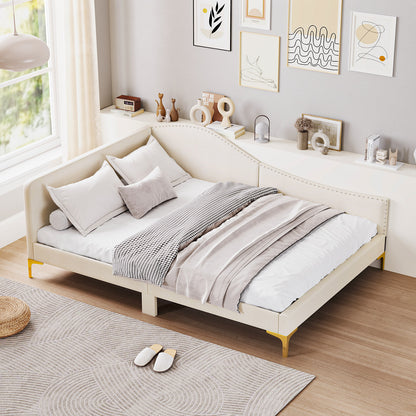 Modern Upholstered Daybed with Rivet Trim, Wood Slat Support and Sturdy Metal Legs – Full