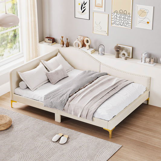 Modern Upholstered Daybed with Rivet Trim, Wood Slat Support and Sturdy Metal Legs – Full