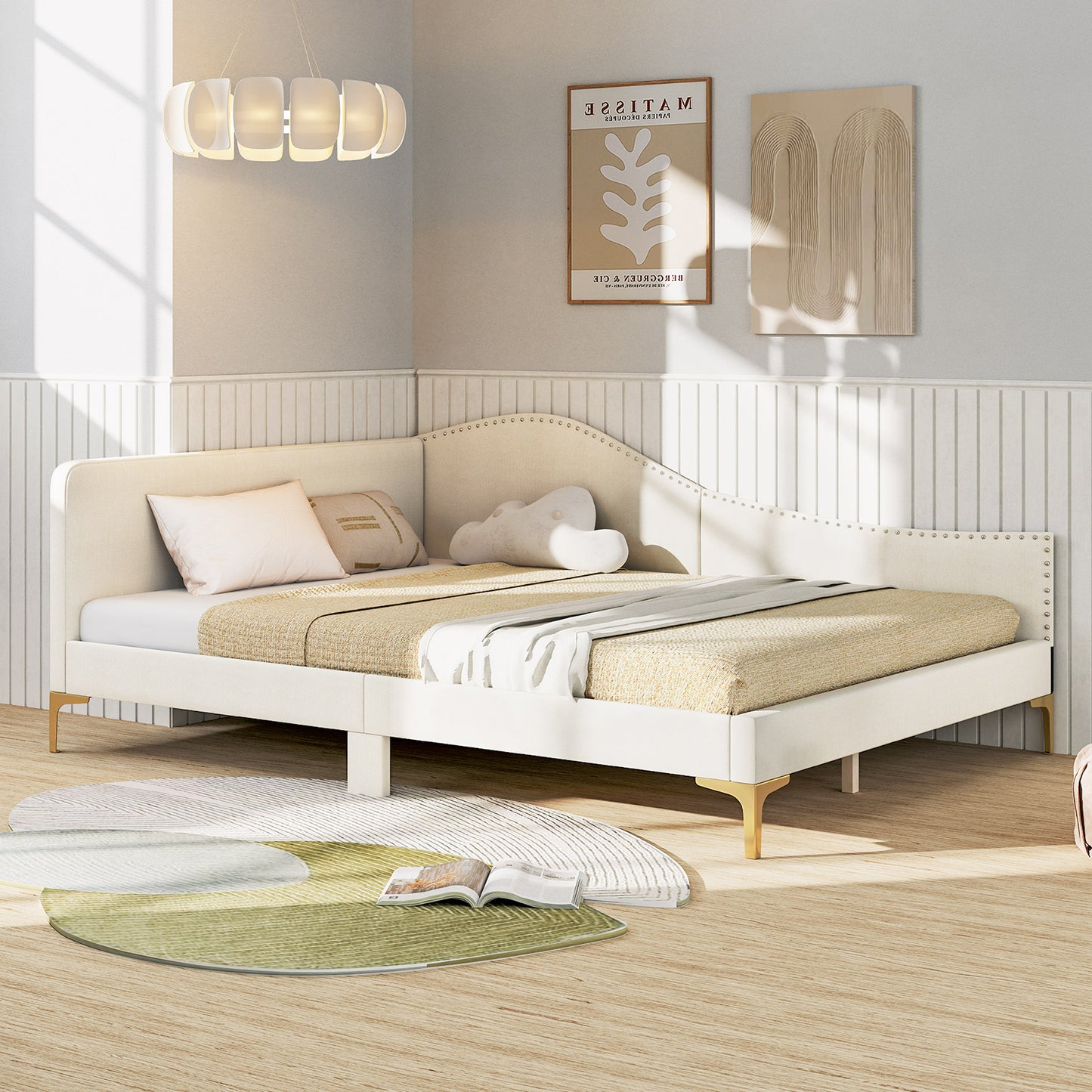Modern Upholstered Daybed with Rivet Trim, Wood Slat Support and Sturdy Metal Legs – Full