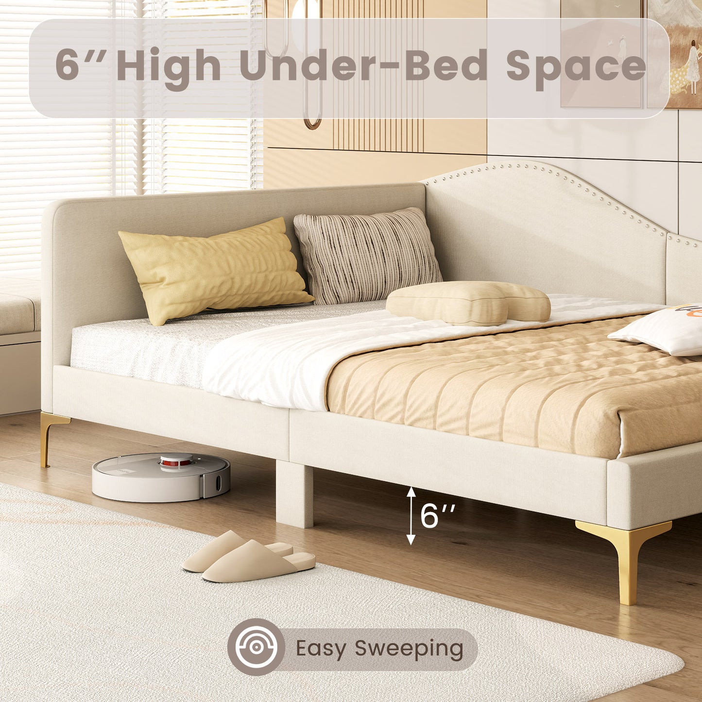 Modern Upholstered Daybed with Rivet Trim, Wood Slat Support and Sturdy Metal Legs – Full