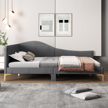 Upholstered Daybed with Rivet-Tufted Design, Wood Slats and Metal Legs, Full Size