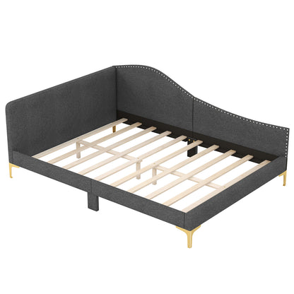 Upholstered Daybed with Rivet-Tufted Design, Wood Slats and Metal Legs, Full Size